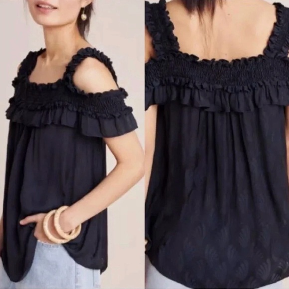 Anthropologie Tops - Anthropologie Black Ruffle Leaf Print Off-Shoulder Women's Whimsigoth Flirty Top